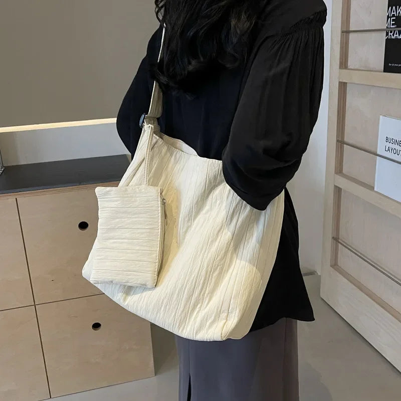 Ingvn  Low-Key Pure White Women Ruched Shoulder Bag Exquisited Nylon Pretty Versatile Crossbody Leisure Commuter Composite Bag