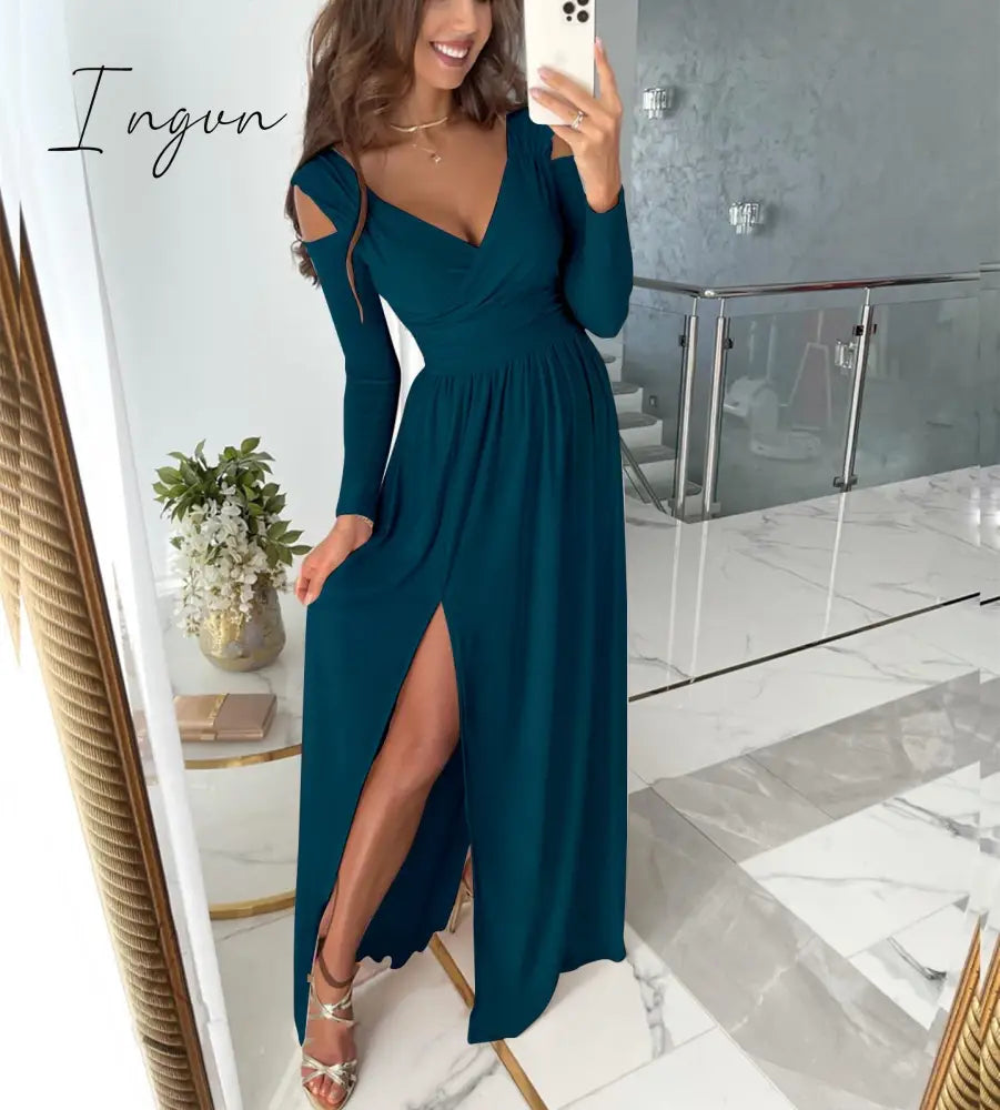 Ingvn - Sexy Long Evening Dress Elegant Dress For Women V-neck Side Split Party Dresses Female Summer Fashion Casual Club Ladies Clothes