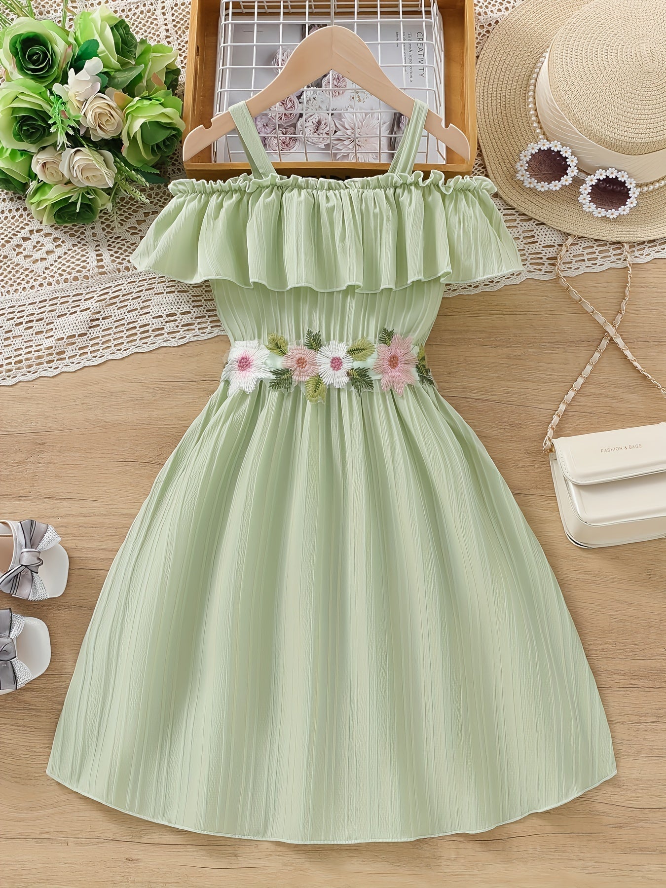 Charming Floral Ruffle Off-Shoulder Suspender Dress - Casual, Elegant, Spring and Summer Essential for Girls - Embroidered Flower Design, Comfortable and Versatile