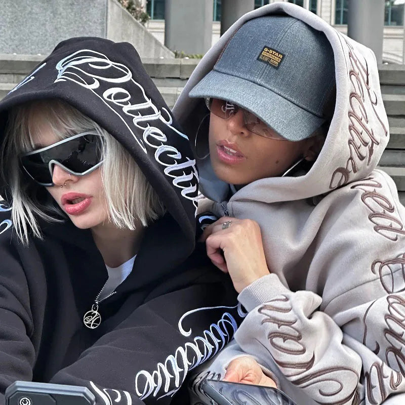 American Winter Sweatshirt Y2k Gothic Hip Hop Couple Hoodies Print Harajuku Zip Up Oversized Women Punk Grunge Black Jacket