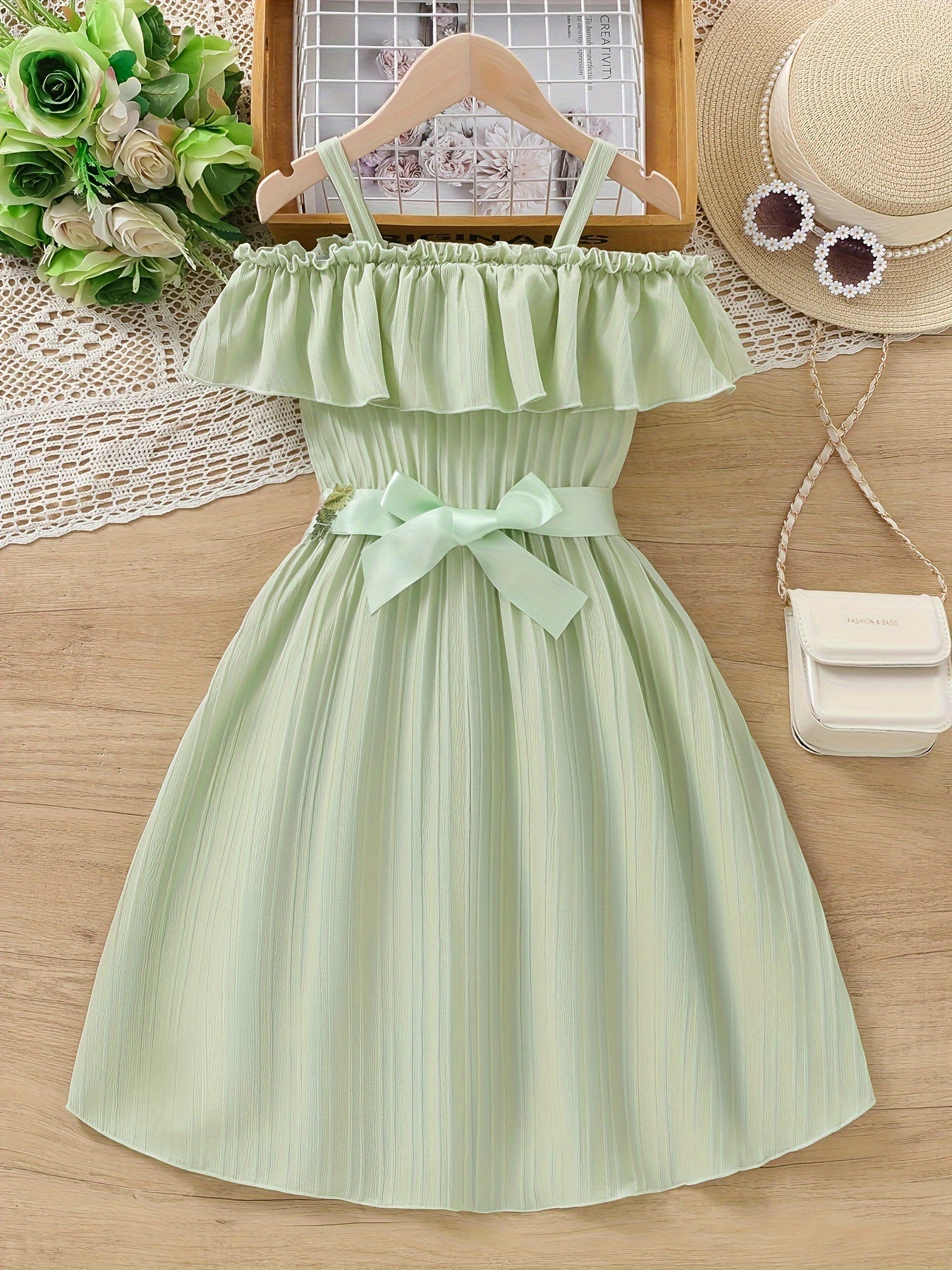 Charming Floral Ruffle Off-Shoulder Suspender Dress - Casual, Elegant, Spring and Summer Essential for Girls - Embroidered Flower Design, Comfortable and Versatile