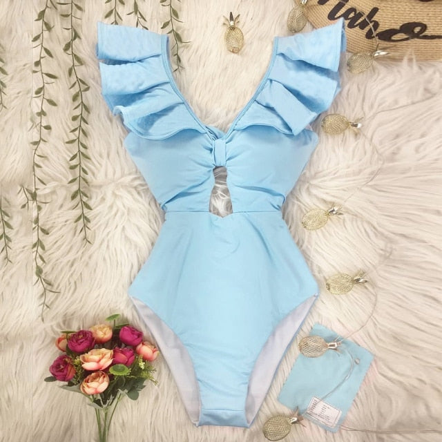 New Sexy Ruffle Print Floral One Piece Swimsuit Off The Shoulder Swimwear Women Solid Deep-V Beachwear Bathing Suit Monkini