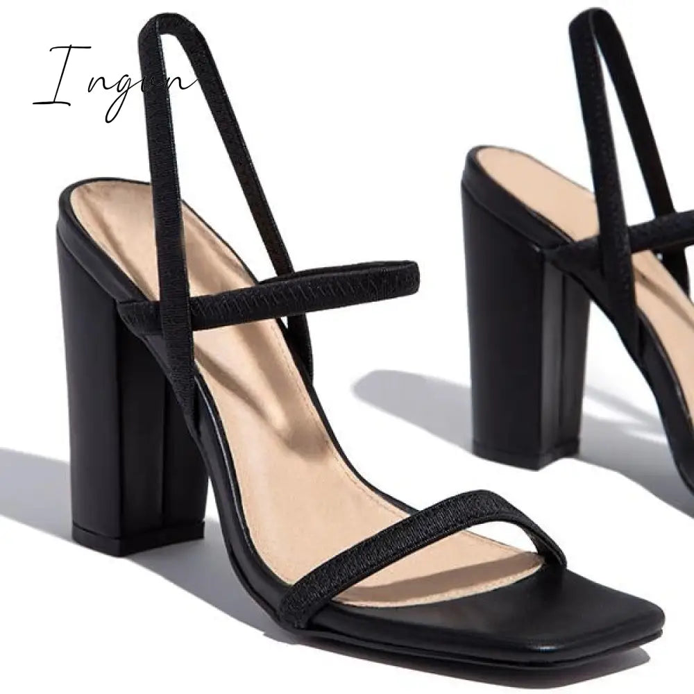 Ingvn - Elastic Straps Squared Toe Chunky Heels