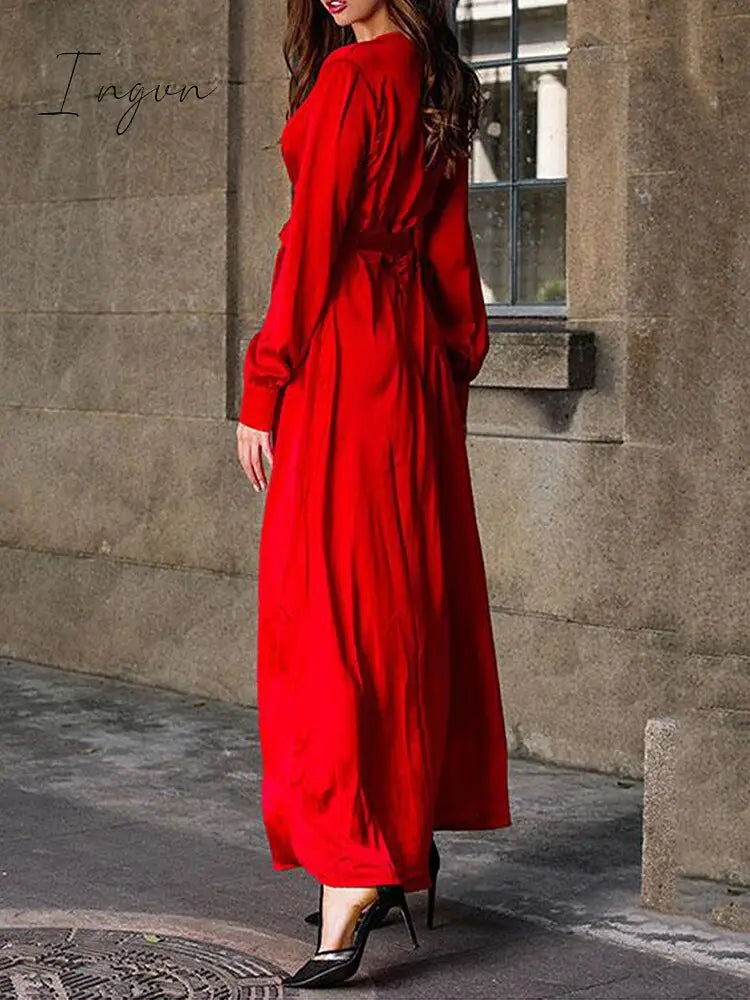 Ingvn - Gifts For Women Autumn women's Long Sleeve Casual Style Polyester Material New V-neck Middle Waist Zipper Stitched Slit Large Swing Dress