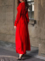 Ingvn - Gifts For Women Autumn women's Long Sleeve Casual Style Polyester Material New V-neck Middle Waist Zipper Stitched Slit Large Swing Dress