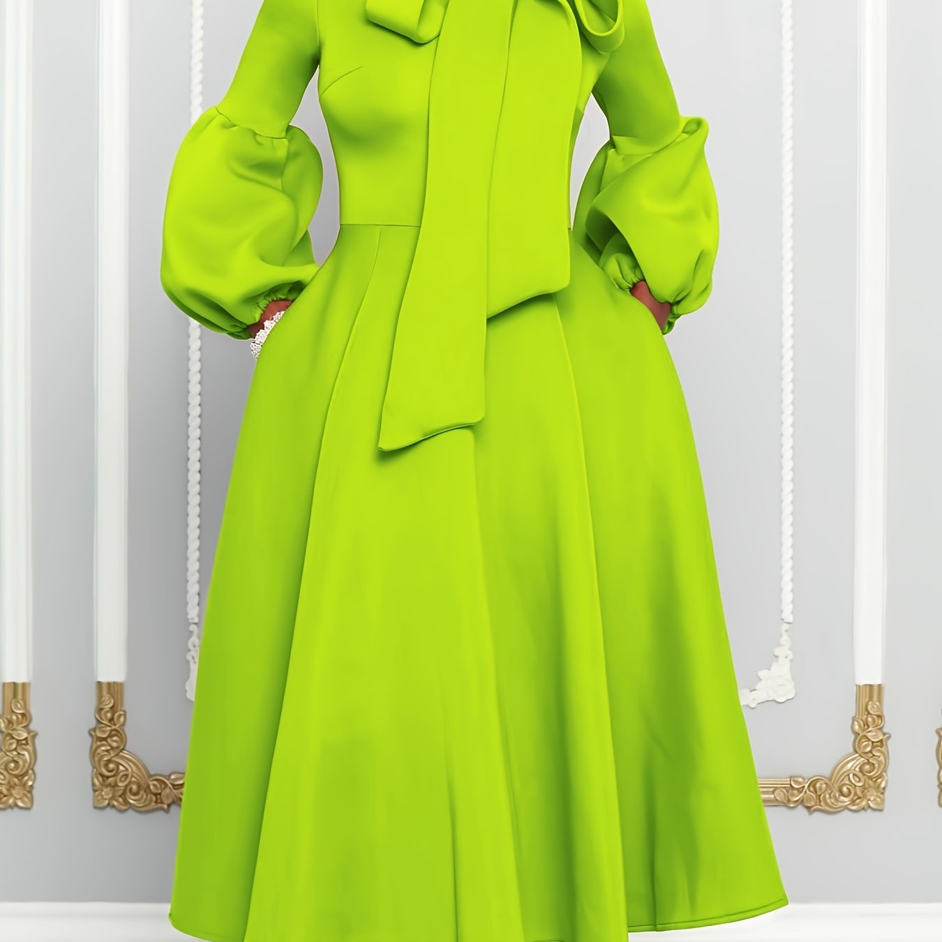 Solid Color Tie Neck Aline Dress, Elegant Ruffle Trim Lantern Sleeve Dress For Spring & Fall, Women's Clothing