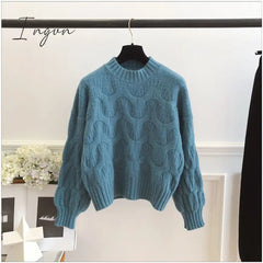 Ingvn - Twist Round Neck Solid Casual Vintage Soft Knitted Women's Sweater Long Sleeve Korean Fashion Chic Pullover Female Jumpers
