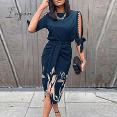 Ingvn - Vintage Print Elegant Women Folds Slim Dress Casual Hollow Out Patchwork Half Sleeve Dress Female Summer Round Neck Party Dress