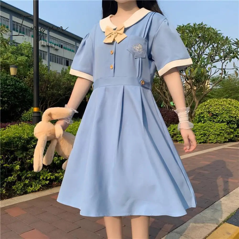 Ingvn - Harajuku Sailor Collar Navy Dress Japanese Lolita Sweet Bow-knot Girl Retro Cotton Kawaii Preppy Style Short Sleeve Dress Women