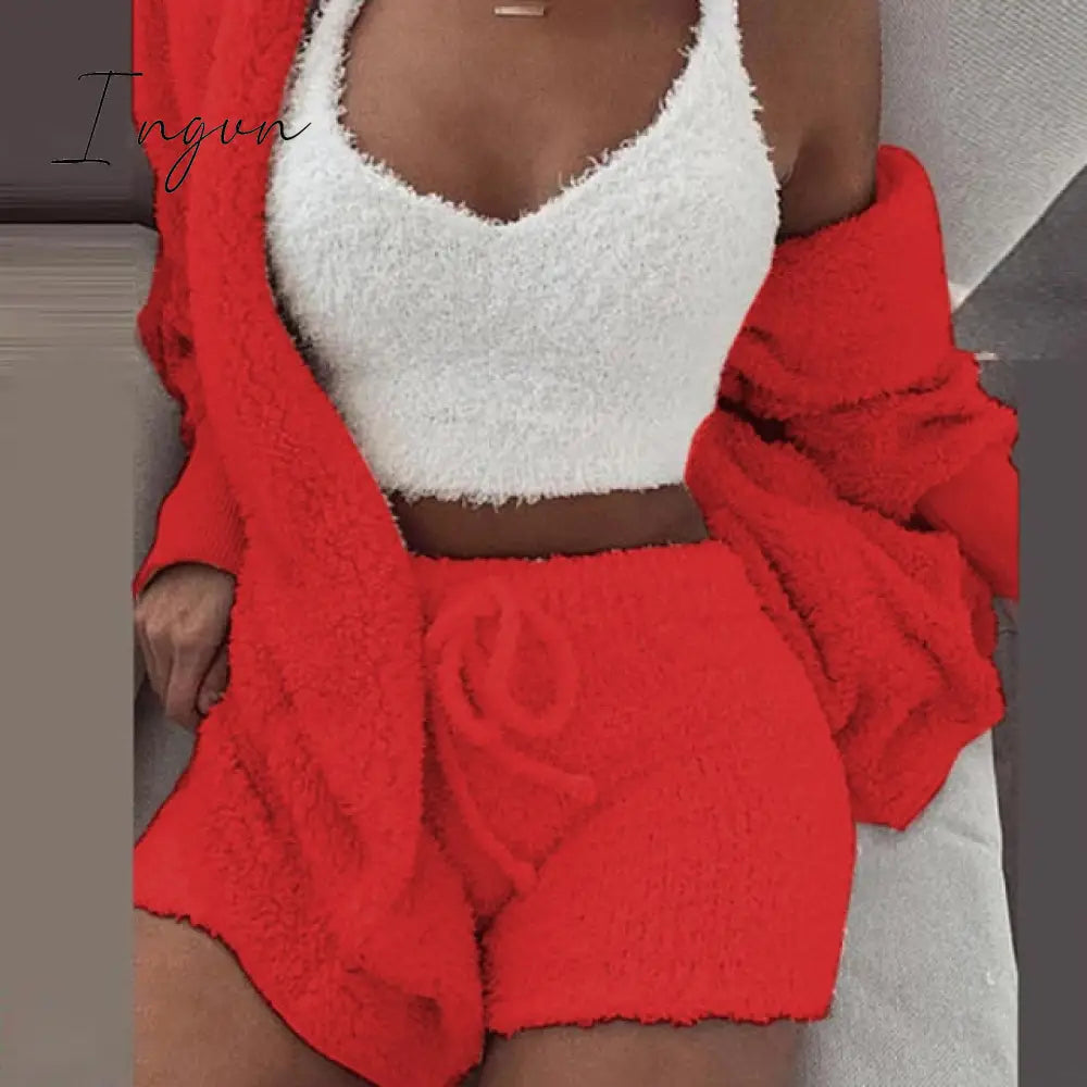 Ingvn - Three Piece Sexy Fluffy Outfits Plush Velvet Hooded Cardigan Coat+Shorts+Crop Top Women Tracksuit Sets Casual Sports Sweatshirt
