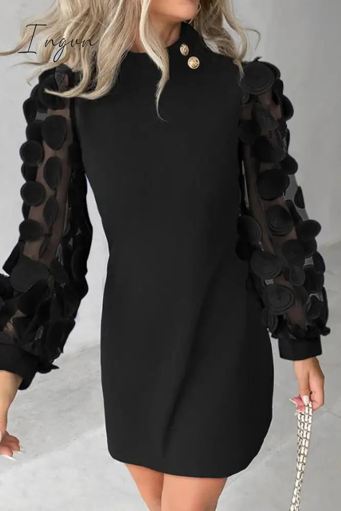 Ingvn - Elegant Solid Buttons Appliques Half A Turtleneck A Line Dresses