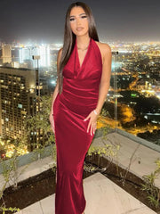 Halter Backless Sexy Maxi Dress For Women Gown Fashion Lace-up Deep V Neck Sleeveless Bodycon Split Long Dress Elegant