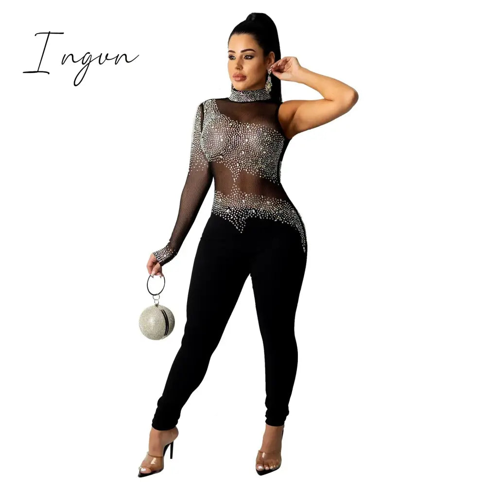 Ingvn - Sheer Mesh Diamonds Sequined Pearls High Split Long Dress For Women Straps Bodycon Long Vestidos Night Party Rhinestone Outfits