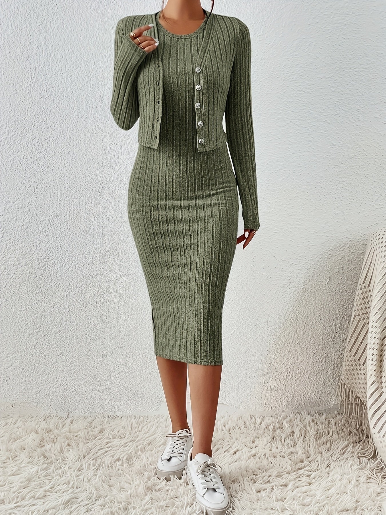 Chic Solid Two-Piece Set - Flattering Single-Breasted Cardigan & Sleeveless Bodycon Dress Outfit - Perfect for Casual or Formal Wear - Womens Fashion Clothing