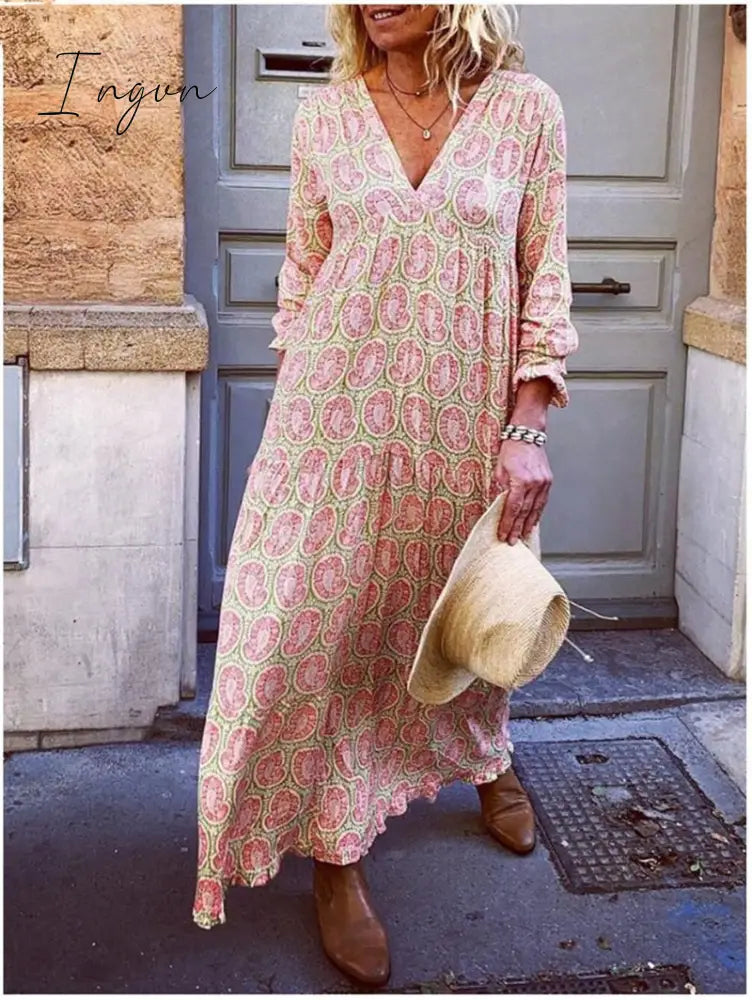 Ingvn - V Neck Pink Women Dresses Holiday Holiday Floral Dresses