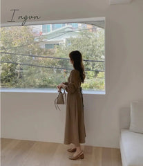 Ingvn - Chic Korean Fashion Women Temperament Office Lady Elegant Work Basic Wear Solid Vintage Long Dress Fenimine Vestidos N502
