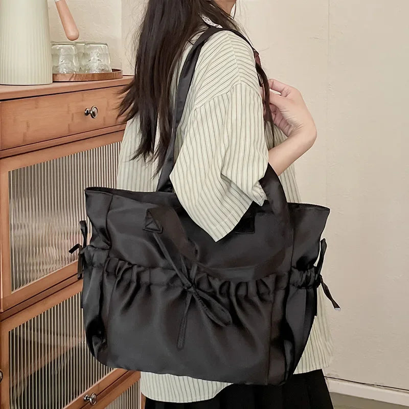Ingvn  Elegant Bow Womens Shoulder Bag Nylon Pleated Korean Style Fashion Tote Bag Large Capacity Cute Pink Sweet Female Handbag