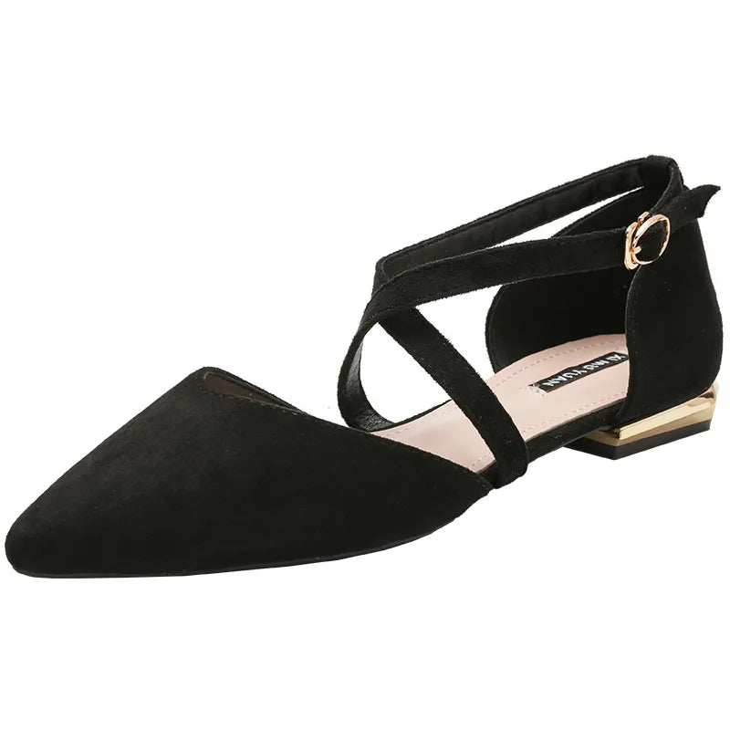 Low Heel Single Women Shoes Woman Spring Pumps Summer Pointed Hollow Sandals Word Belt Fairy Shoes Black Work Shoes Girl Shoes
