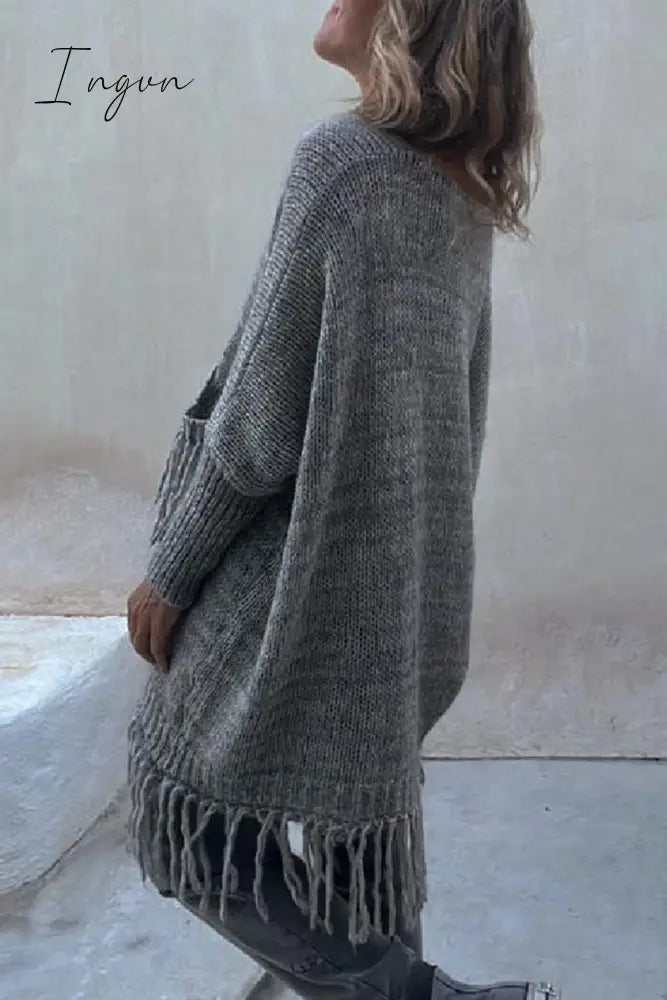 Ingvn - Casual Solid Tassel Pocket Weave O Neck Tops