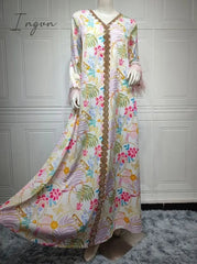 Ingvn - Muslim Woman Dress Moroccan Jalabiya Dubai Rhinestones Beaded V Neck Long Sleeve Feather Patchwork Print Gulf Abayas