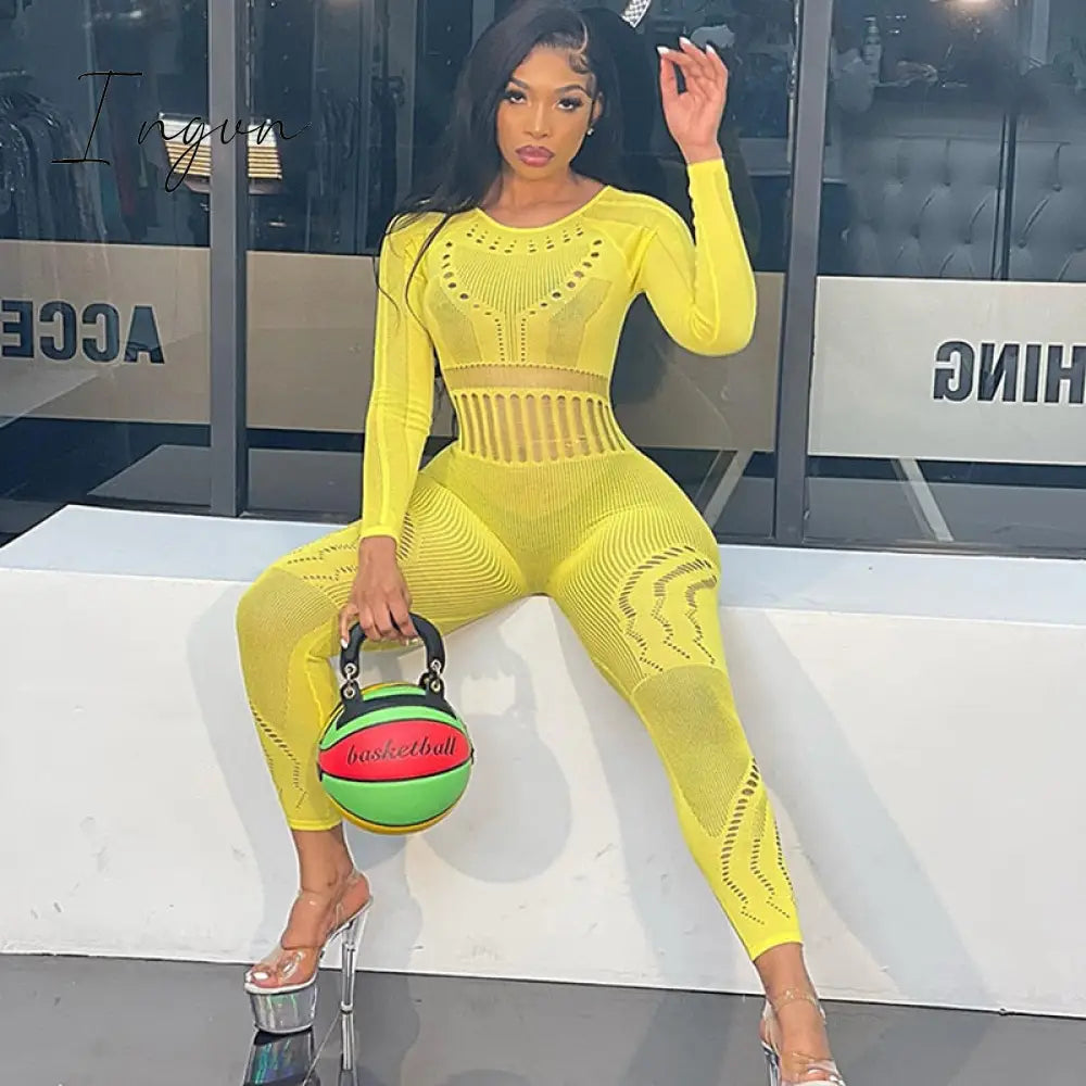 Ingvn - Hollow Out Knitted Mesh Jumpsuits Women Sexy See Through Long Sleeve Hipster Stretchy Skinny Overalls Clubwear Romper