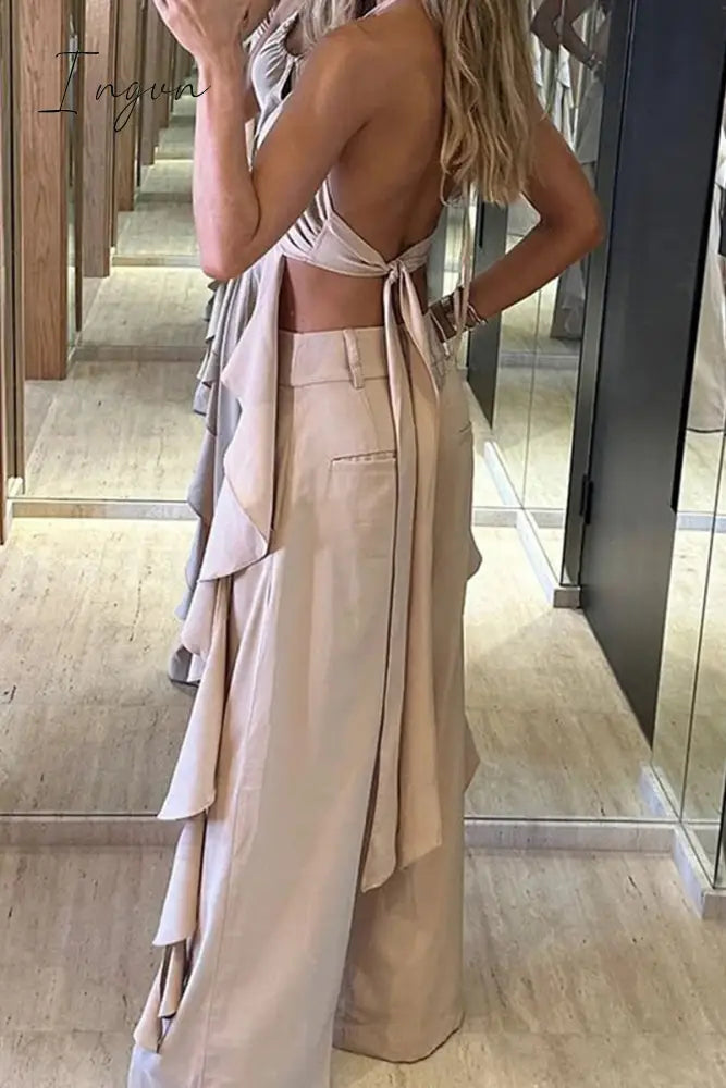 Ingvn - Sexy Solid Backless Flounce U Neck Sleeveless Two Pieces