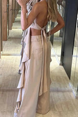 Ingvn - Sexy Solid Backless Flounce U Neck Sleeveless Two Pieces