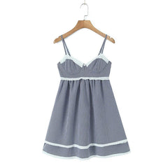 Women Lace Spliced Plaid Sling Mini Dress Sexy Sleeveless Back Lacing Up Ladies Party Skater Robe Summer Dresses