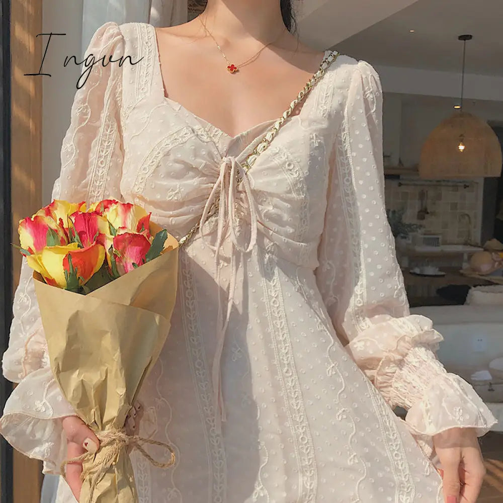Ingvn - Vintage Fairy Dress Women Elegant Designer Chiffon Dress Long Sleeve French Party Midi Dress Casual Women's Clothing Autumn