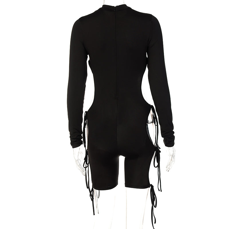Solid Long Sleeves O Neck Cut Out Drawstrings Bandage Playsuit  Summer Fall Bodycon Sexy Party Club Elegant Y2K