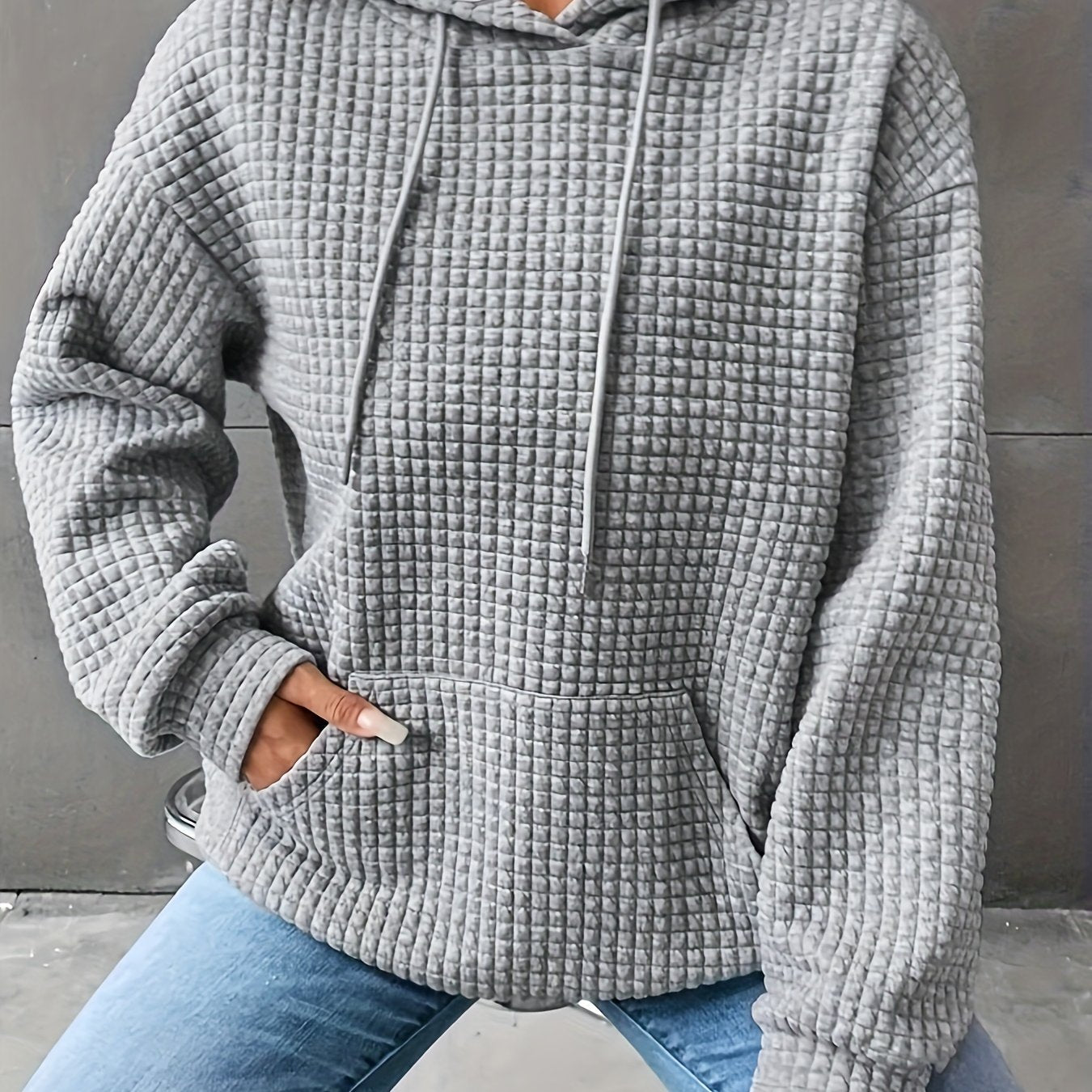 Waffle Grid Kangaroo Pocket Hoodie, Casual Long Sleeve Drawstring Hoodies Sweatshirt, Women's Clothing