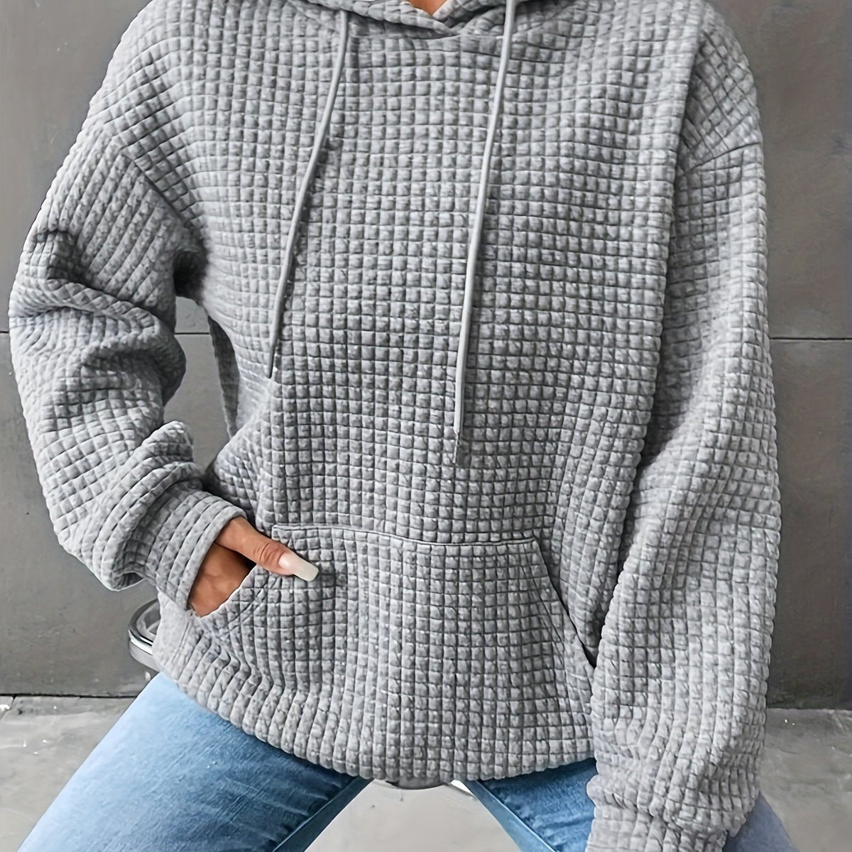 Waffle Grid Kangaroo Pocket Hoodie, Casual Long Sleeve Drawstring Hoodies Sweatshirt, Women's Clothing