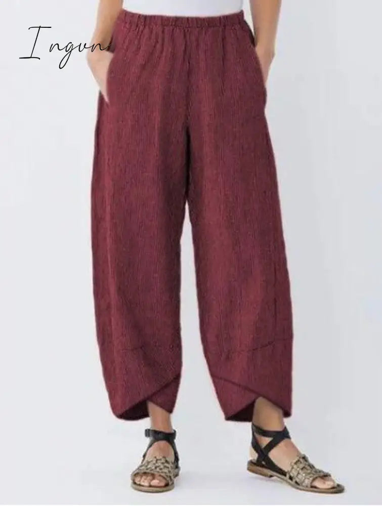 Ingvn - Vintage Harem Pants Women Casual Loose Printed Elastic Waist Cotton Linen Wide Leg Pants Summer Irregular Pantalon Cropped Pants