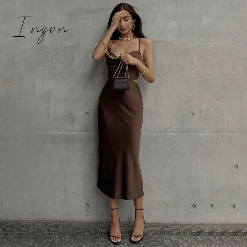 Ingvn - Purple Satin Midi Dress Summer Women Sexy Backless Sleeveless Pile Collar Spaghetti Strap Bandage Dress Woman Party Long Dresses