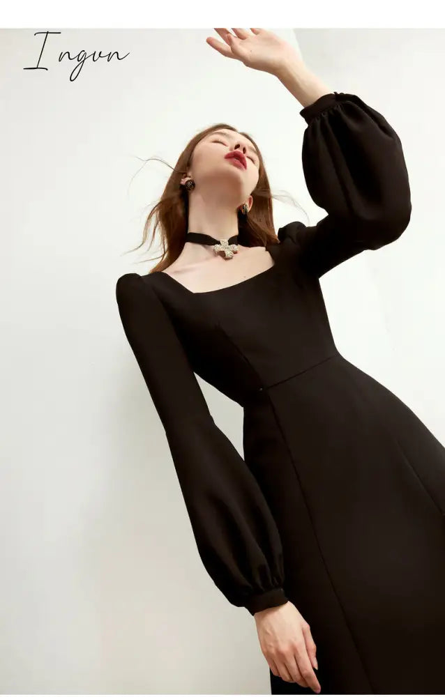 Ingvn - Black Retro Split Dress Women Elegant Midi Designer Dress Female Long Sleeve Hepburn Style Chiffon Vintage Dress Fall  Women