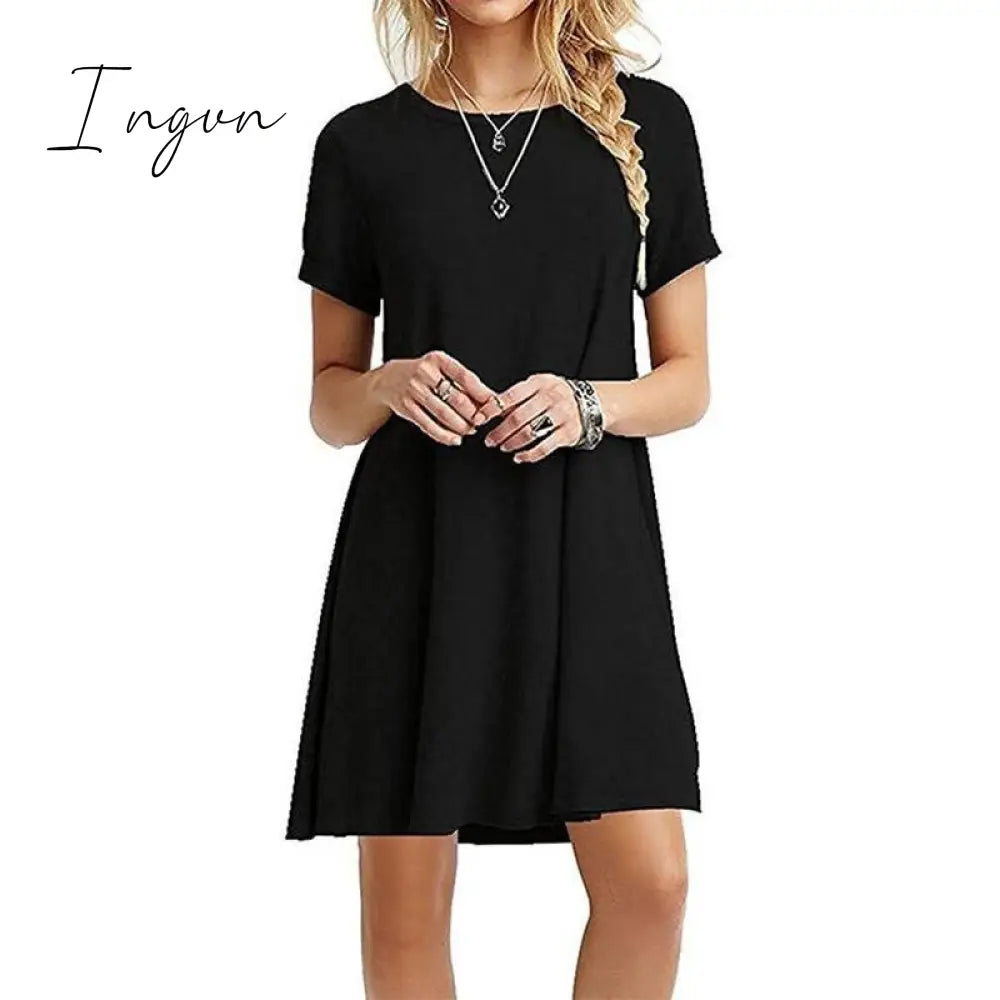 Ingvn - Women Female Short Sleeve Loose Mini Short A-line Dresses Summer Beach Casual Dress Candy Color S-XXL
