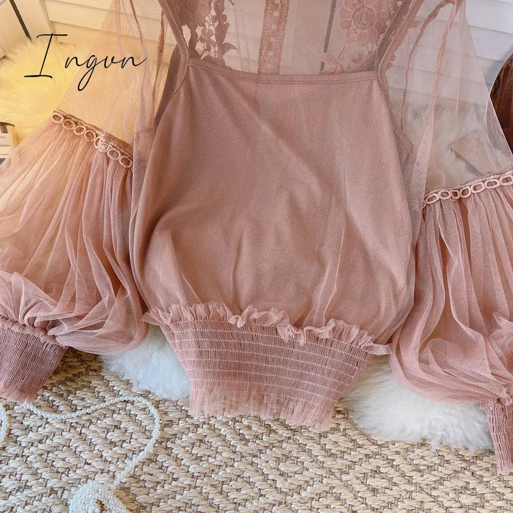 Ingvn - spring Women Mesh Tops Fashion Sexy Sheer Lace Blouse Lantern Sleeve 3D Floral Blouses Shirts Elegant Top Blusas Femininas