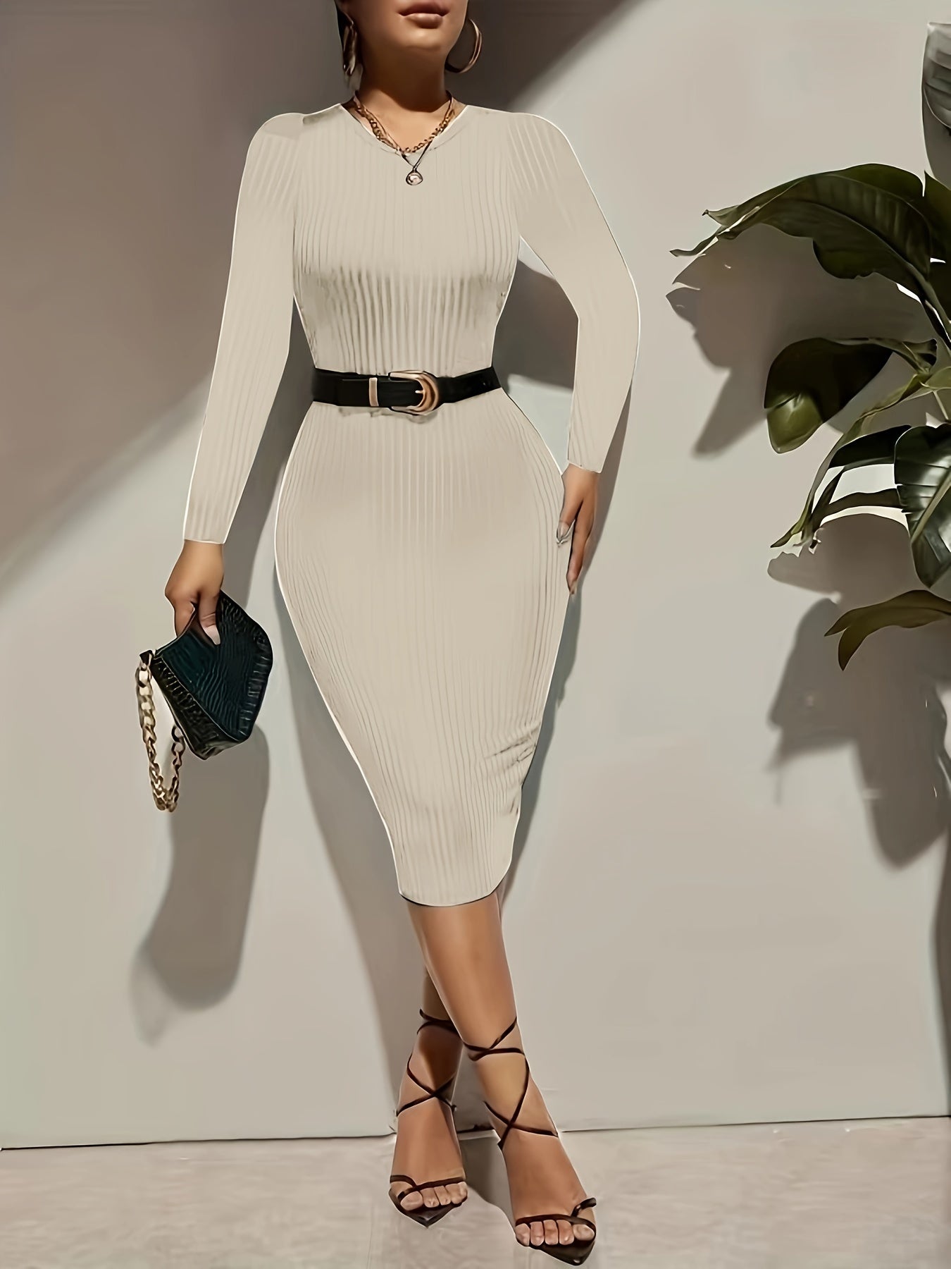 Richly Textured Ribbed Bodycon Dress - Effortless Chic Classic Crew Neckline, Cozy Long Sleeves, Sleek Fitted Silhouette - Perfect for Ladies, Womens Clothing