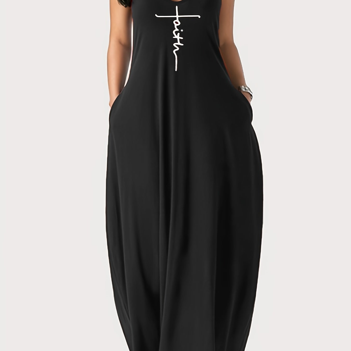 Faith Print Backless Spaghetti Strap Dress - Stylish V Neck Loose Fit for Women - Versatile Casual Summer Wear