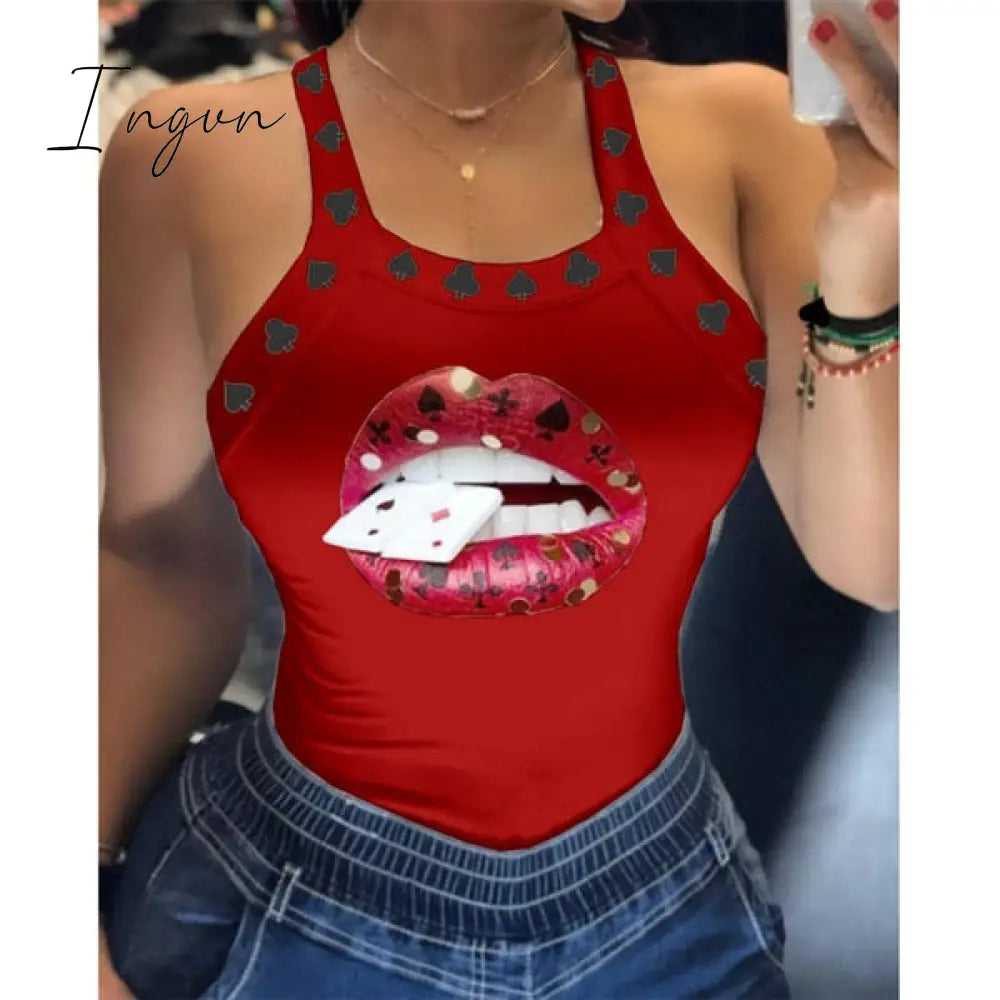 Ingvn - Tank Tops Women U Neck Letter Print Lips Vest Summer Ladies Harajuku Shirts Slim Fit Polyester Sleeveless Top Tshirts