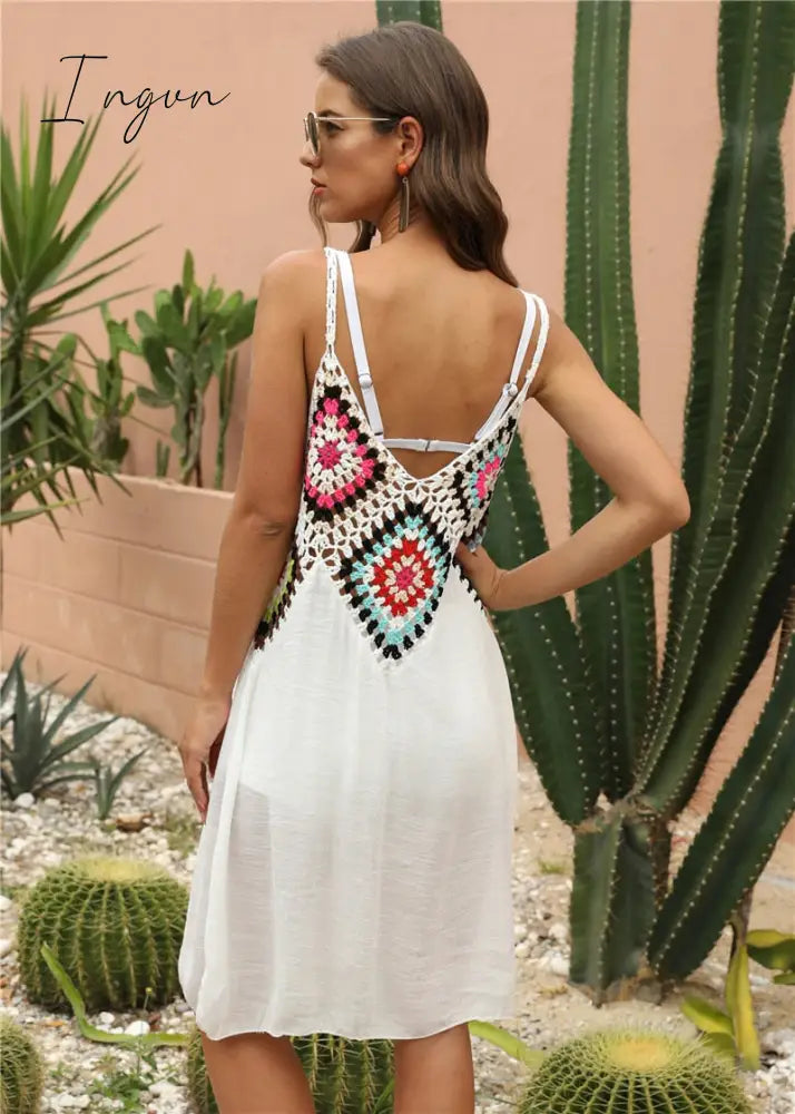 Ingvn - Crochet Beach Cover-ups Summer Tunic Cover Up saida de praia Knitted Swimsuit Ups for Women Vestido Playa Mujer White Dress