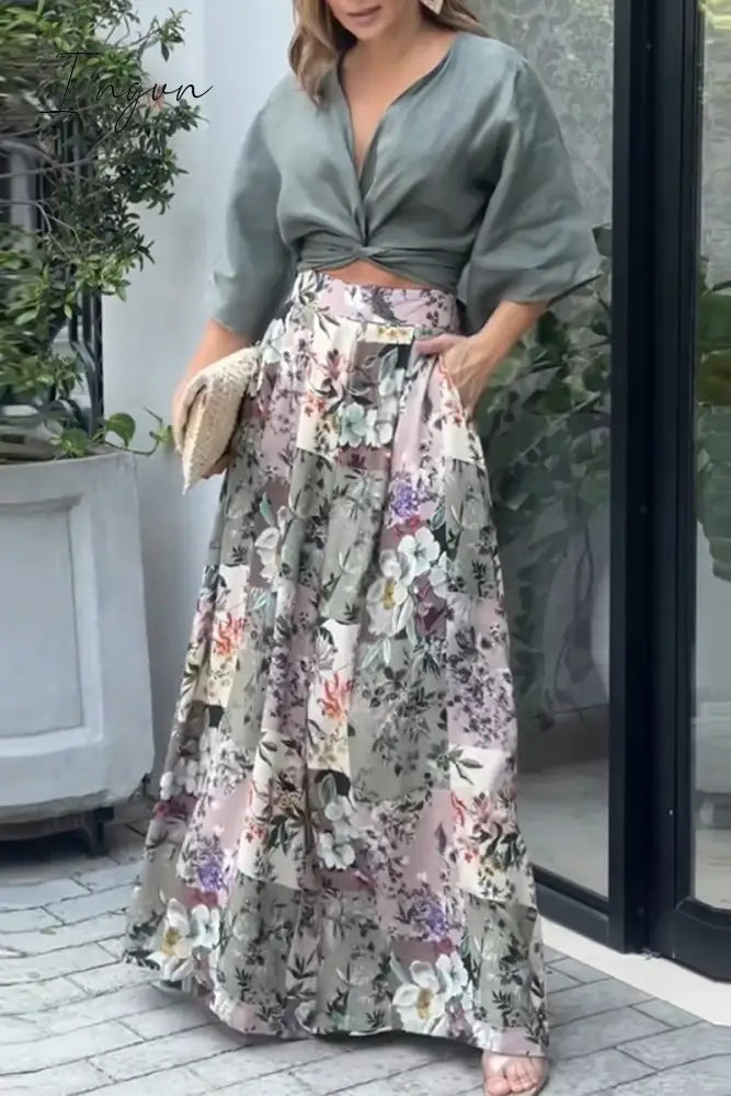 Ingvn - Casual Print Fold V Neck Half Sleeve Two Pieces