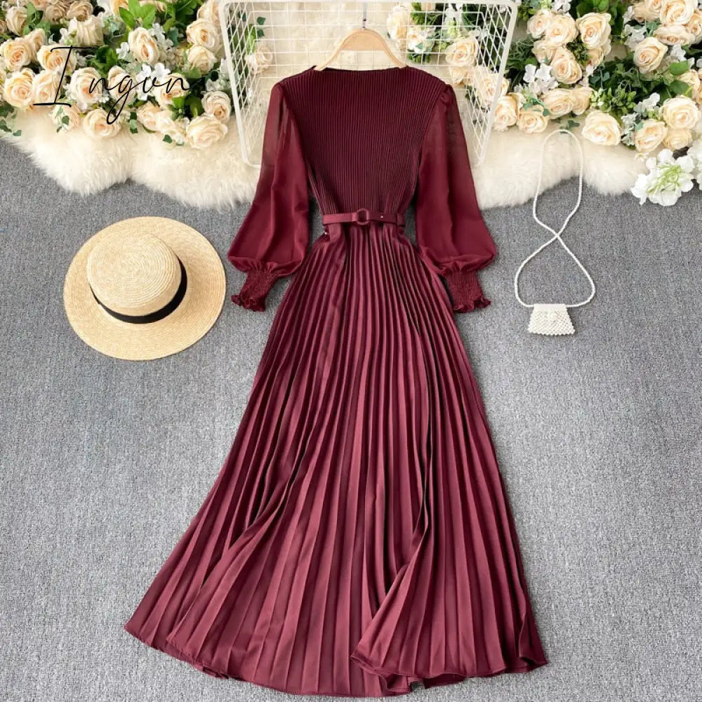 Ingvn - Autumn Fashion Streetwear Long Dress Design French Pleated Maxi Dress Women Elegant O Neck Long Sleeve A-line Dress