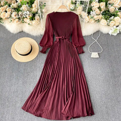 Ingvn - Autumn Fashion Streetwear Long Dress Design French Pleated Maxi Dress Women Elegant O Neck Long Sleeve A-line Dress