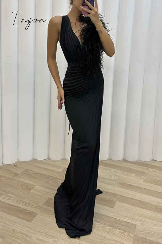 Ingvn - Sexy Solid Patchwork Pleated V Neck Long Dress Dresses