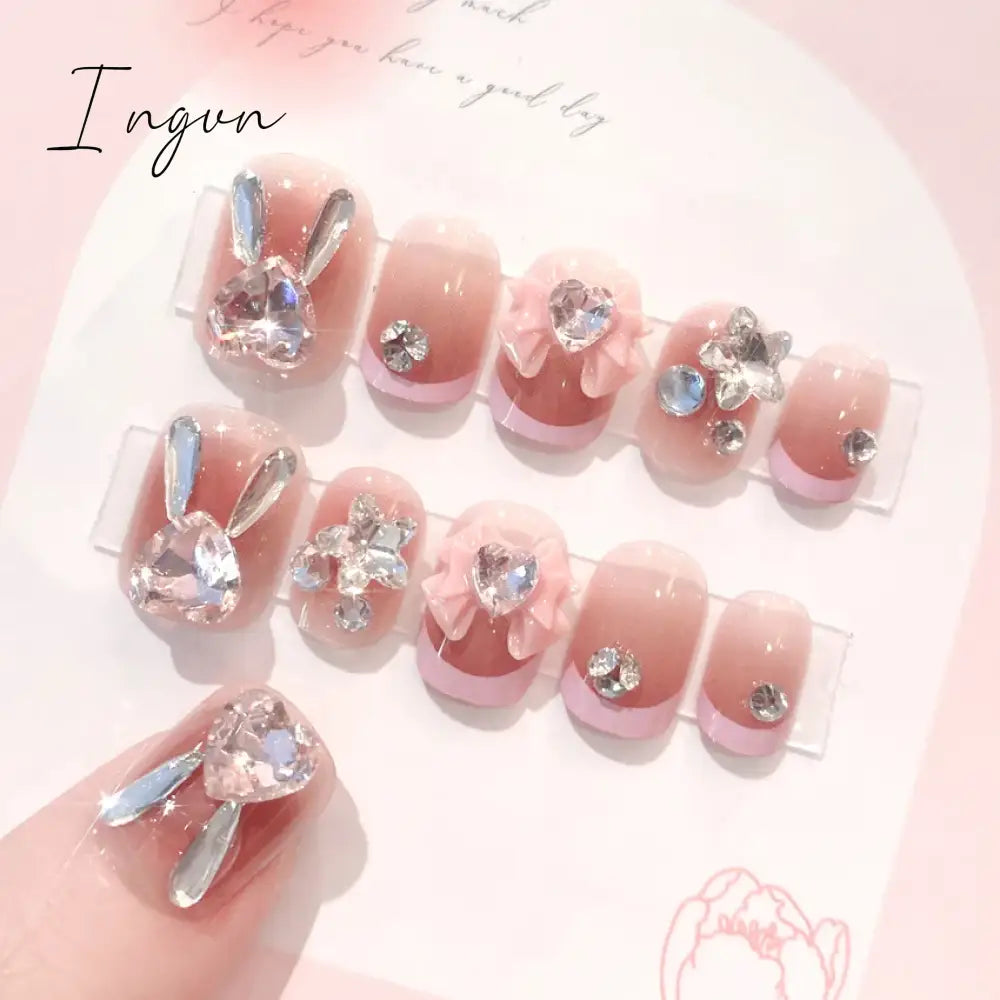 Glitter Fairy Rhinestone False nail Tips for Bride lady Wearable Sweet Crystal Design Press on Nails Mid Length Fake Nail Patch