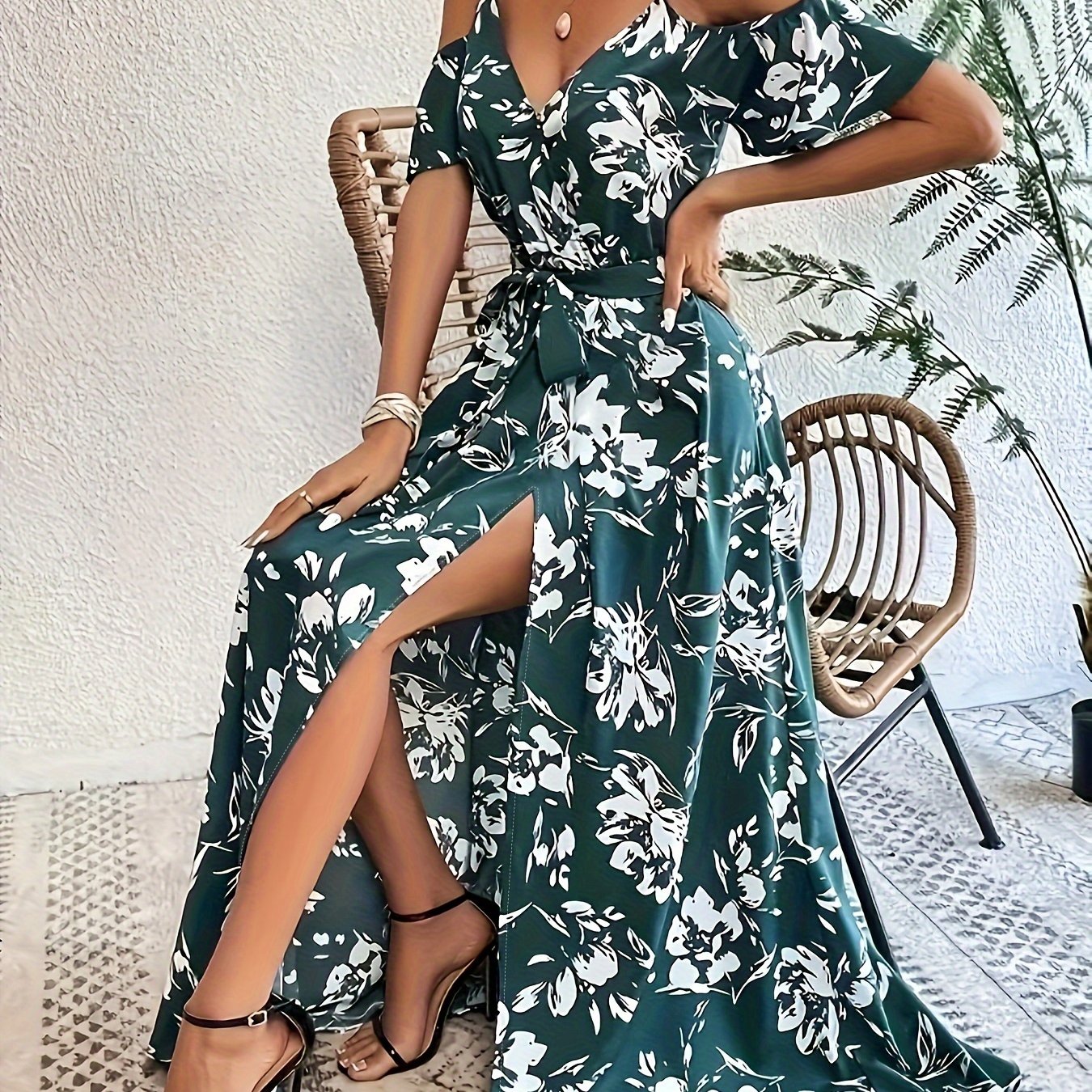 Vibrant Floral Print A-Line Dress - Cold Shoulder, Belted, Split Sleeveless, Elegant, Comfortable, Spring & Summer Essential - Women's Clothing, Perfect for Outdoor Activities