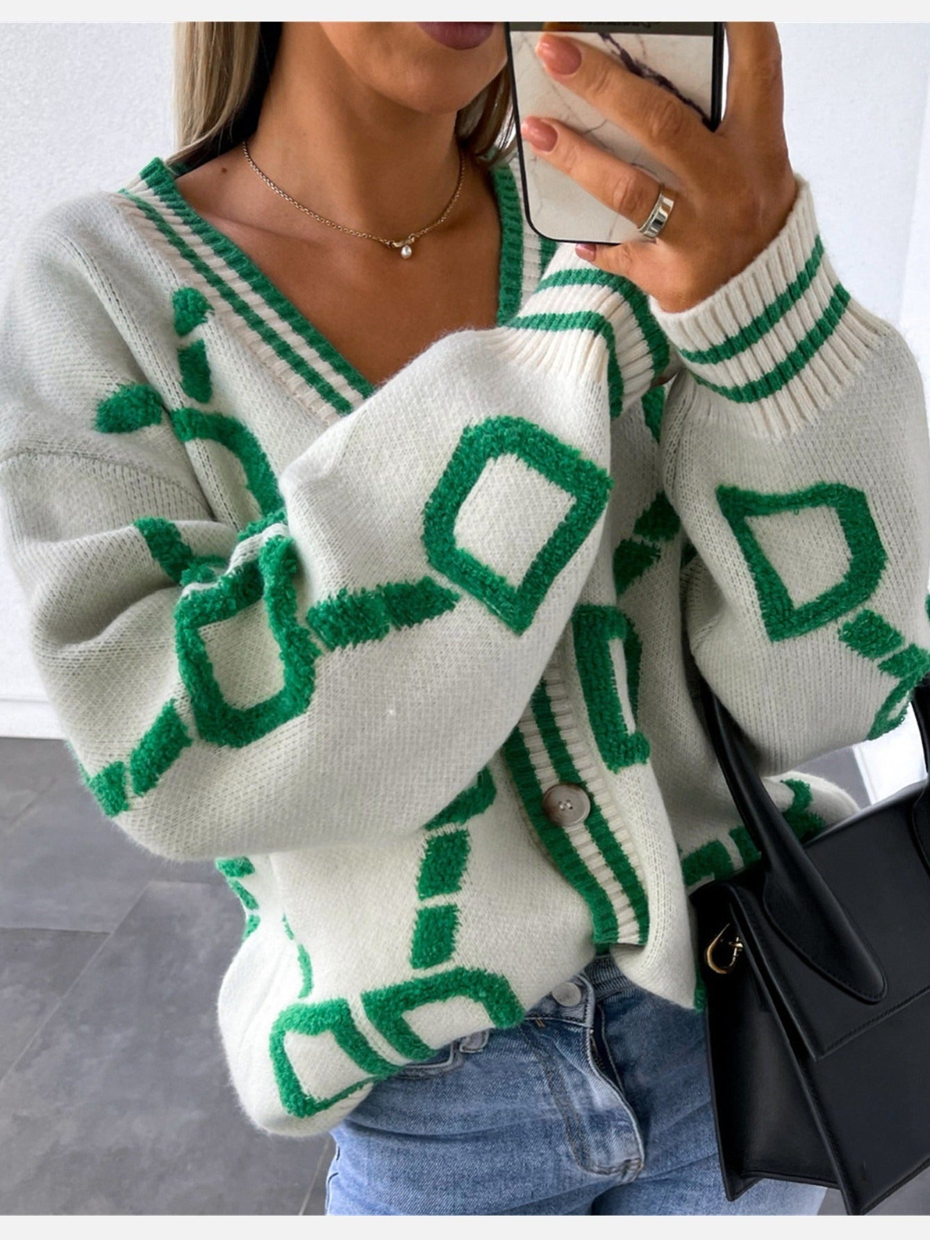 High Contrast Knit Cardigan, V-Neck Button Up Cardigan Sweater, Casual Tops For Fall & Winter, Women's Clothing