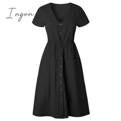 Ingvn - Cotton Linen Women Summer Dress Casual V-neck Button Pocket Short Sleeve A-line Midi Dresses For Women Vestidos