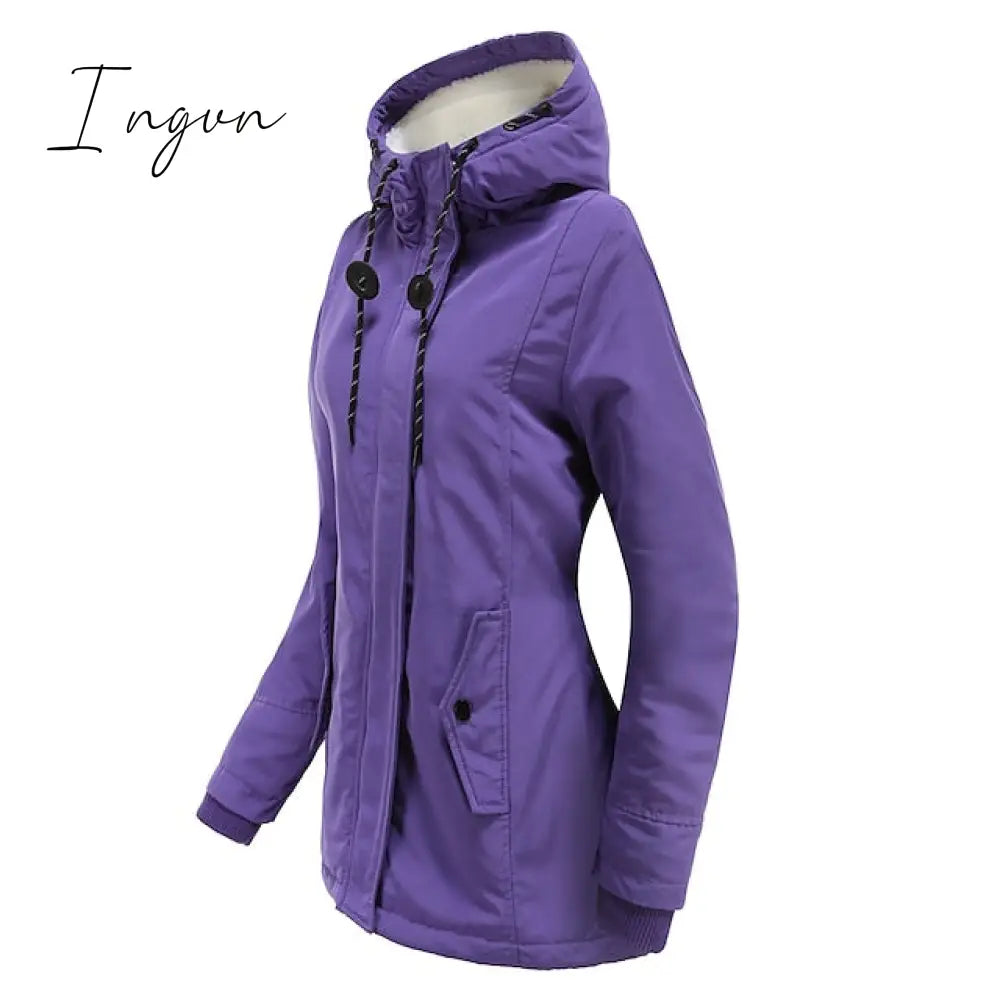 Ingvn - Women's Parka Street Fall Winter Long Coat Windproof Warm 3 in 1 Loose Casual Sports Jacket Long Sleeve Solid Color Zipper Purple Blushing Pink  Waterpoof  Daily Wear Down  Parkas  Lined